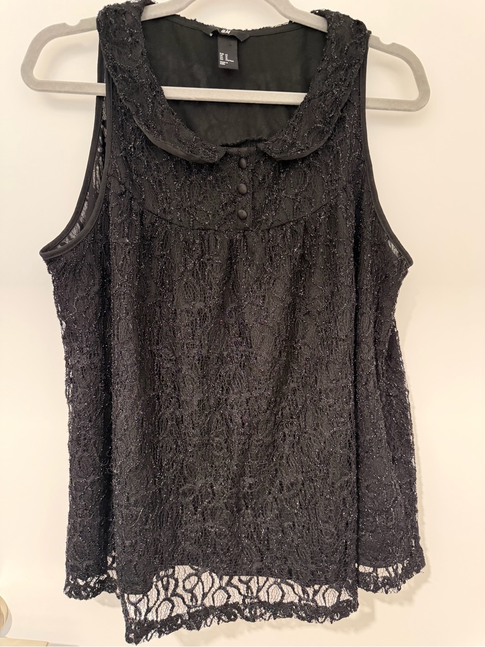 H&M Black Lace Sleeveless Camisole with Peter Pan Collar and Button Detail